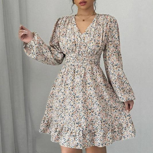 Printed V-neck Long-sleeve Dress Women