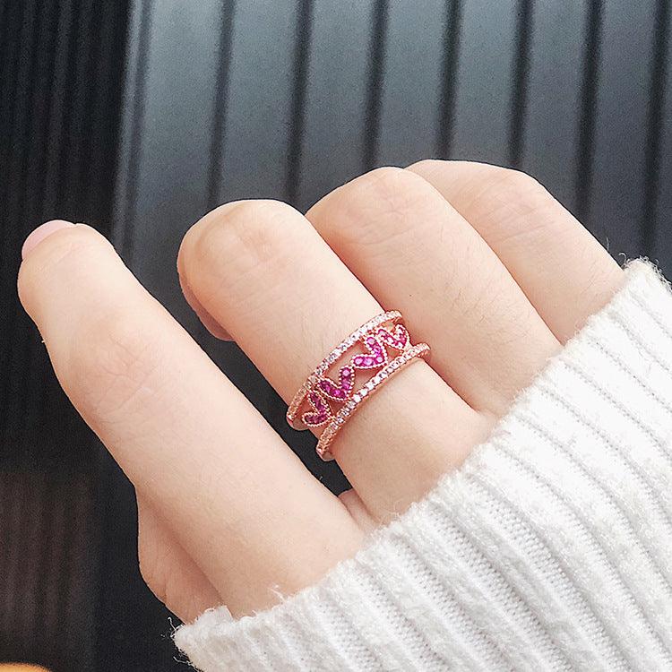 Rose red diamond hollow love opening ring wide version micro-inlaid zircon heart-shaped ring tail ring - Cruish Home