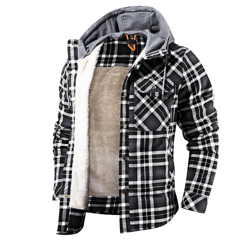 Men Warm Jacket Fleece Lining Lumberjack Plaid Hooded Jackets Snap Button - Cruish Home