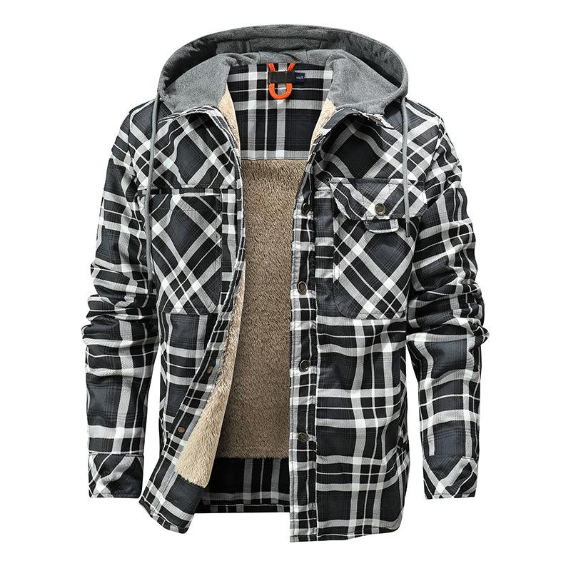 Men Warm Jacket Fleece Lining Lumberjack Plaid Hooded Jackets Snap Button - Cruish Home