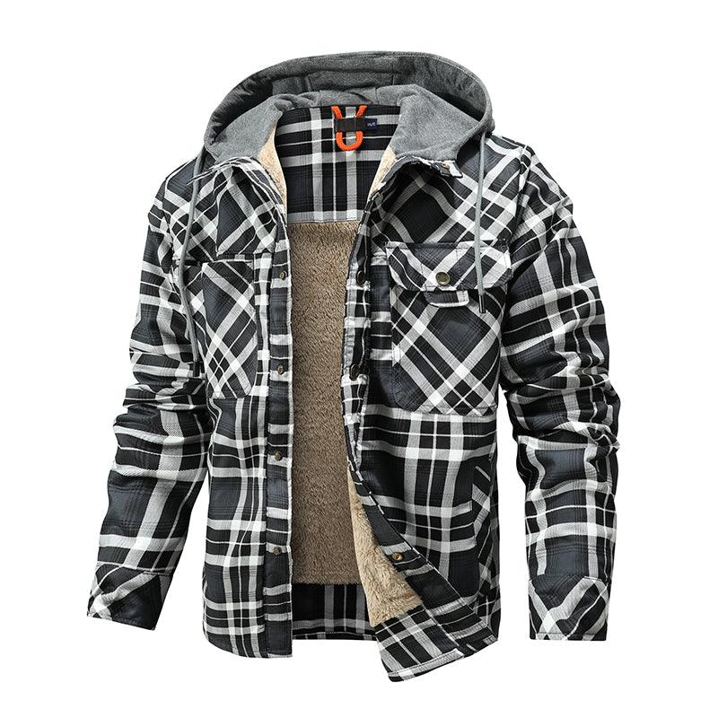 Men Warm Jacket Fleece Lining Lumberjack Plaid Hooded Jackets Snap Button - Cruish Home