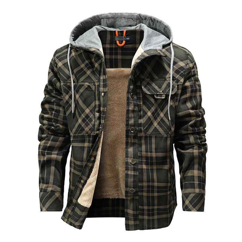 Men Warm Jacket Fleece Lining Lumberjack Plaid Hooded Jackets Snap Button - Cruish Home