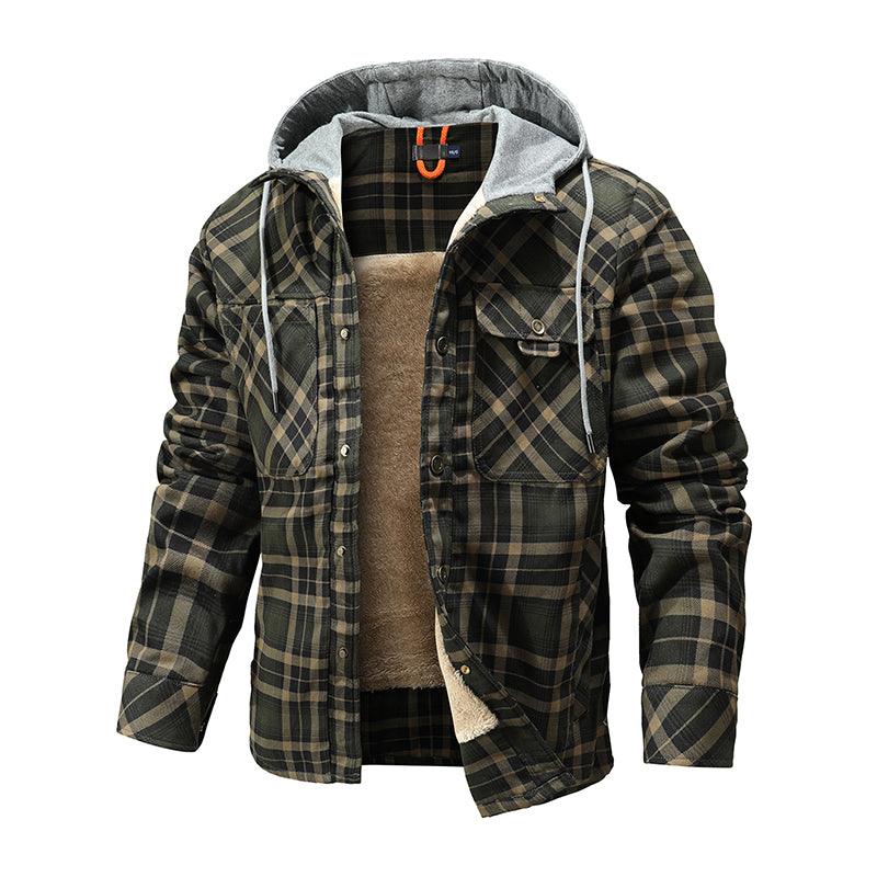 Men Warm Jacket Fleece Lining Lumberjack Plaid Hooded Jackets Snap Button - Cruish Home