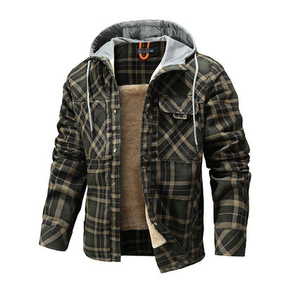 Men Warm Jacket Fleece Lining Lumberjack Plaid Hooded Jackets Snap Button - Cruish Home