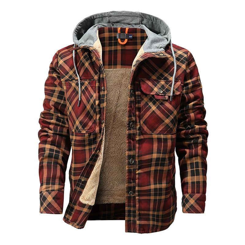 Men Warm Jacket Fleece Lining Lumberjack Plaid Hooded Jackets Snap Button - Cruish Home