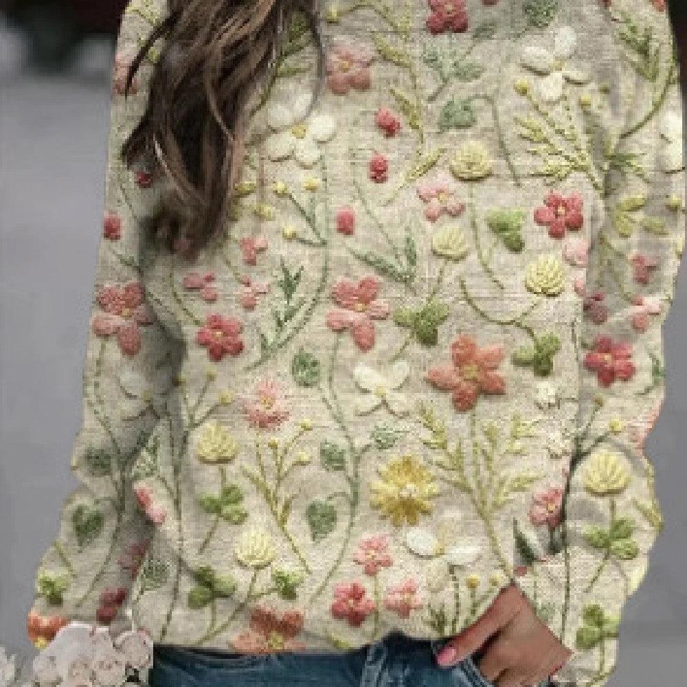 Printed Loose Round Neck Sweater For Women - Cruish Home