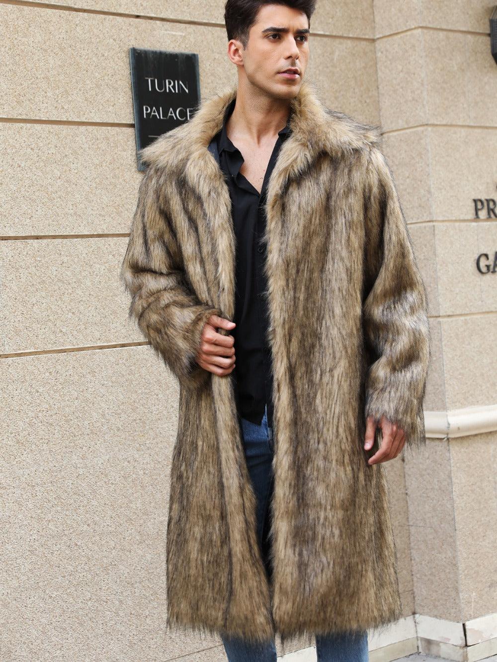 Yellow Lapel Imitation Fox Fur Men's Long Coat - Cruish Home