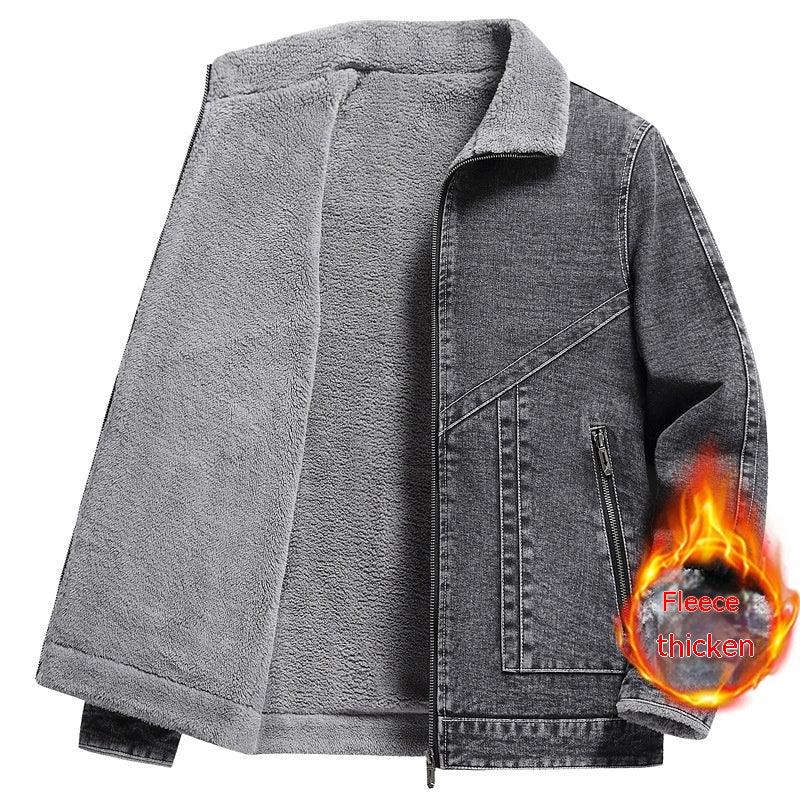 Denim Men's Fleece-lined Thickened Korean Style Lapel Youth Casual Jacket - Cruish Home