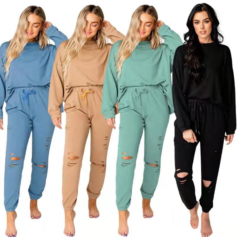 Women's Solid Color Ripped Round Neck Pullover Pants Casual Long Sleeve Sweatshirt Cotton Suit - Cruish Home