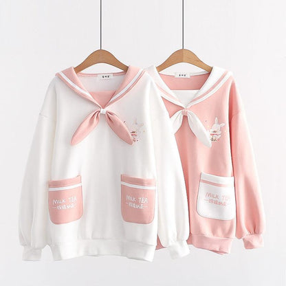 Japanese College Style Milk Tea Rabbit Sailor Collar Bow Brushed Hoody - Cruish Home