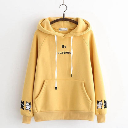 Japanese College Style Letters Cartoon Cat Embroidery Velvet Loose Hooded Sweater For Women Fleece Shirt - Cruish Home