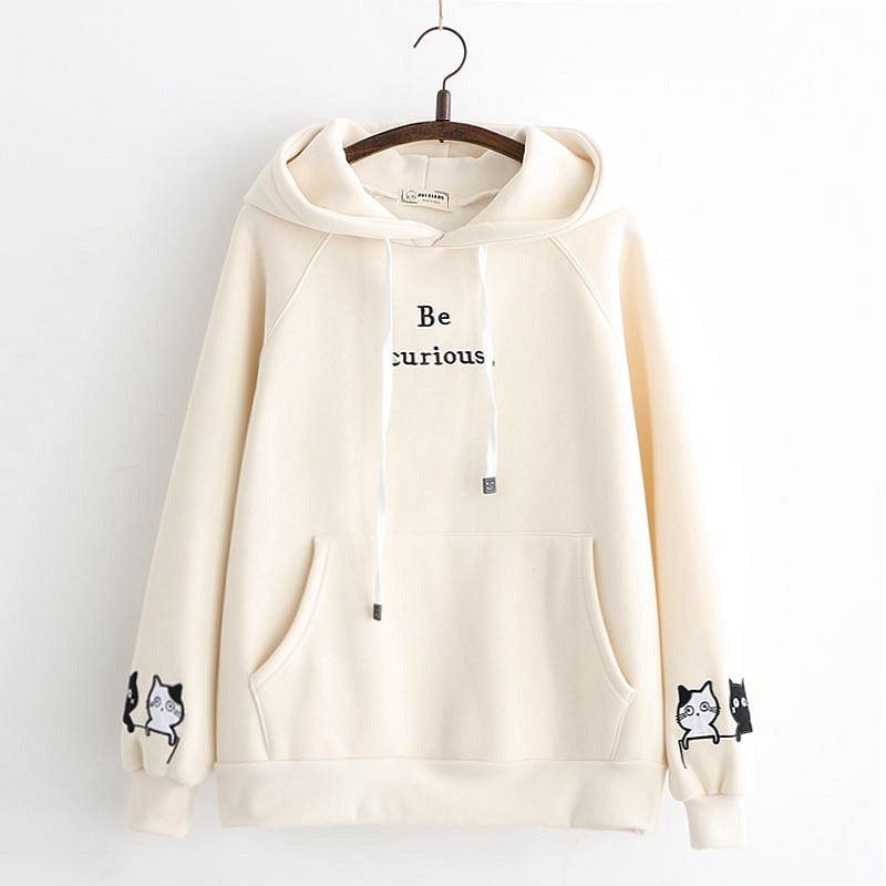 Japanese College Style Letters Cartoon Cat Embroidery Velvet Loose Hooded Sweater For Women Fleece Shirt - Cruish Home