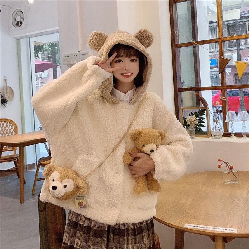 Cute Bear Ear Coat For Women Lamb Wool Winter Cardigan Top - Cruish Home