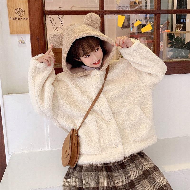 Cute Bear Ear Coat For Women Lamb Wool Winter Cardigan Top - Cruish Home