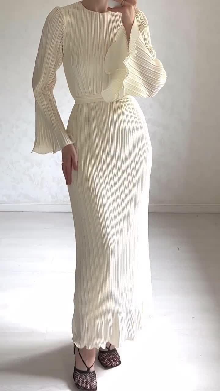 Elegant Pleated Bell Sleeve Mid-length Dress Women's Clothing - Cruish Home