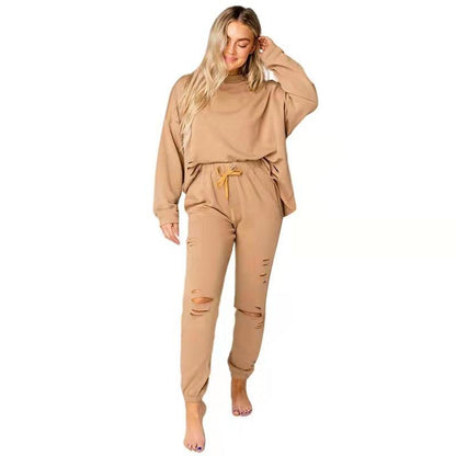 Women's Solid Color Ripped Round Neck Pullover Pants Casual Long Sleeve Sweatshirt Cotton Suit - Cruish Home