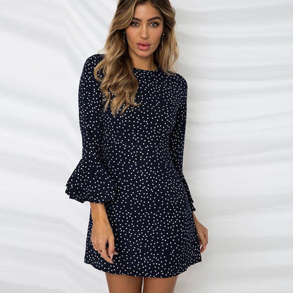 Printed Button Round Neck Flared Sleeve Slim Dress - Cruish Home