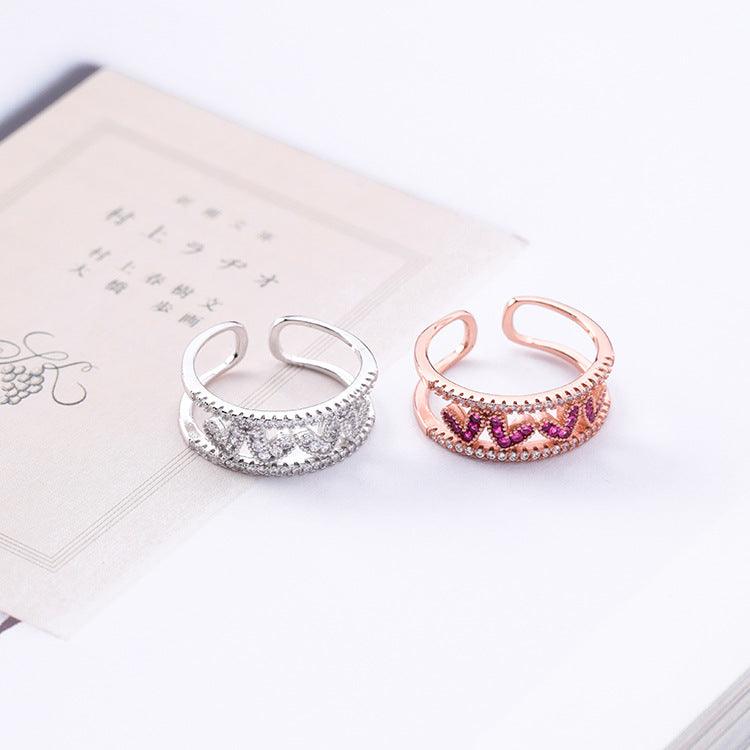 Rose red diamond hollow love opening ring wide version micro-inlaid zircon heart-shaped ring tail ring - Cruish Home