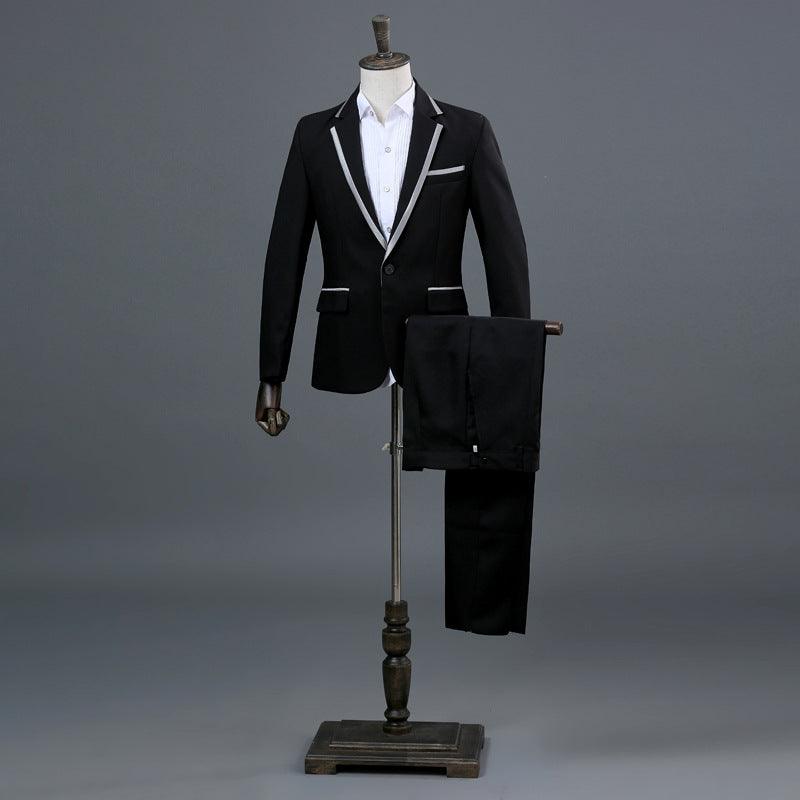 Men's Trim Suit Host Performance Costume Long-sleeve Suit Stage Singer Suit Black Platinum Silver Photography Gown - Cruish Home