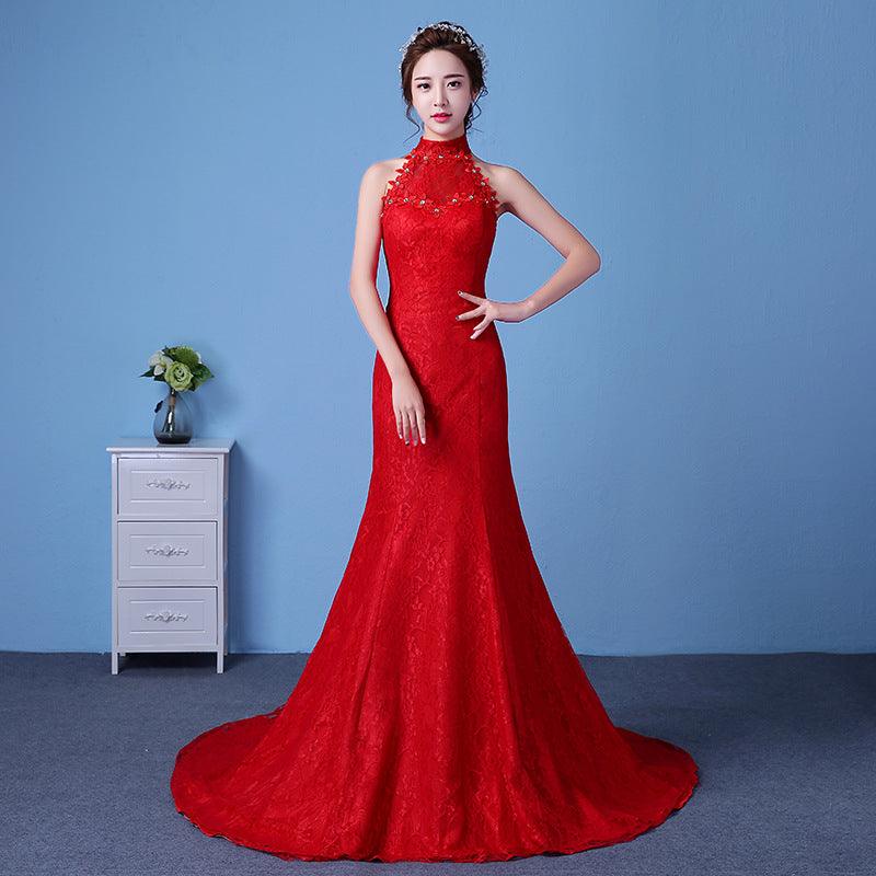 Big red wedding dress bride large size waist fishtail wedding dress palace fishtail tail Korean hanging neck - Cruish Home