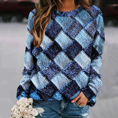 Printed Patchwork Round Neck Raglan Long Sleeve Women's Sweater - Cruish Home