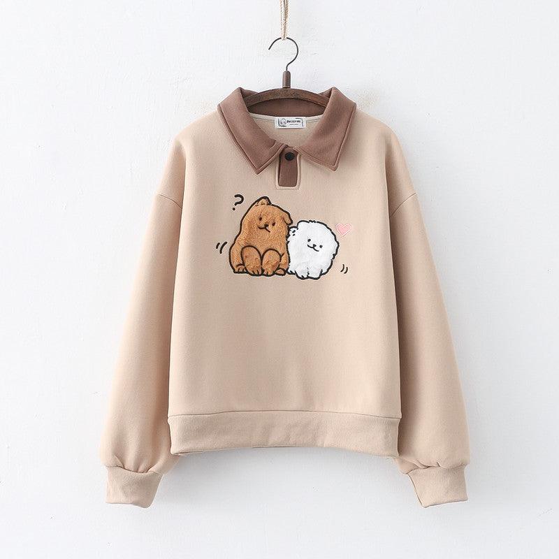 Japanese College Style Cartoon Wool Dog Fleece-lined Thickened Pullover Long Sleeve Sweater - Cruish Home