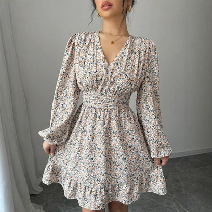 Printed V-neck Long-sleeve Dress Women