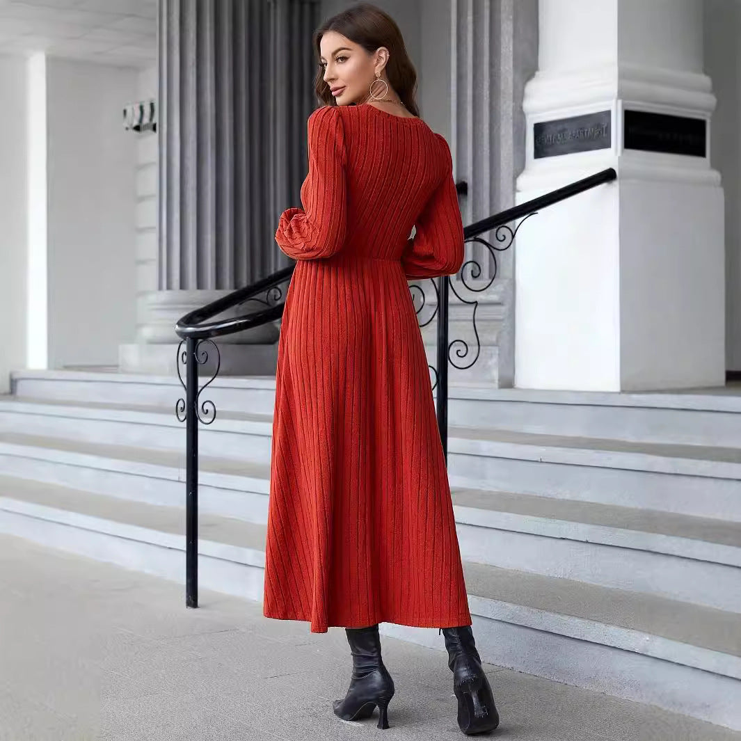 European And American Temperament Slim Solid Color Knitted Long-sleeved Dress