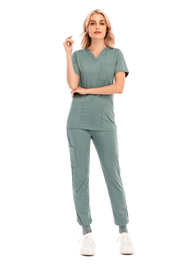 Solid Color V-neck Short-sleeved Pocket Nurse Suit - Cruish Home