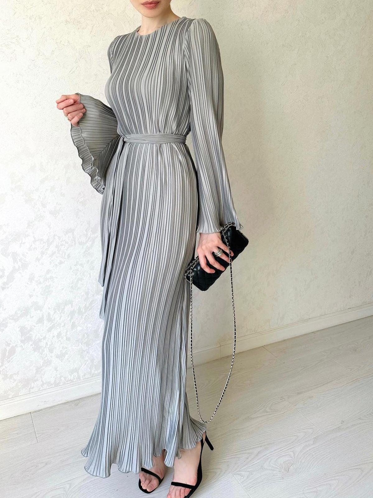 Elegant Pleated Bell Sleeve Mid-length Dress Women's Clothing - Cruish Home