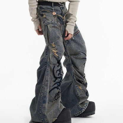 Retro Washed Distressed Zipper Embroidered Pleated Mopping Jeans