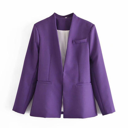 New Women's Suit Jacket Without Lapel Solid Color Long-sleeved Collar Pants - Cruish Home