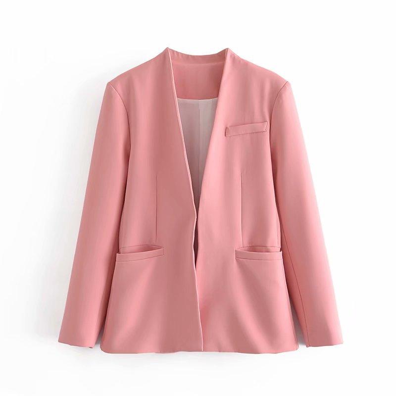 New Women's Suit Jacket Without Lapel Solid Color Long-sleeved Collar Pants - Cruish Home