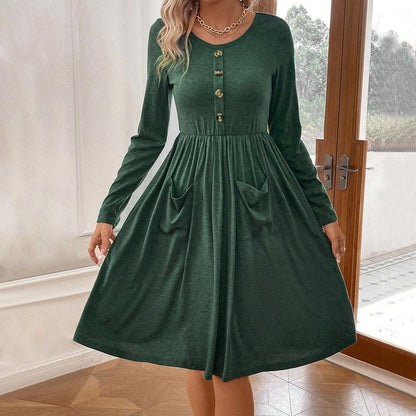 Waist-tight Round Neck Button Pocket Knitted Long-sleeved Dress - Cruish Home