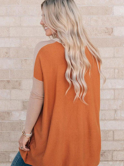 Women's Orange Pocket Color Matching Long-sleeved Top - Cruish Home