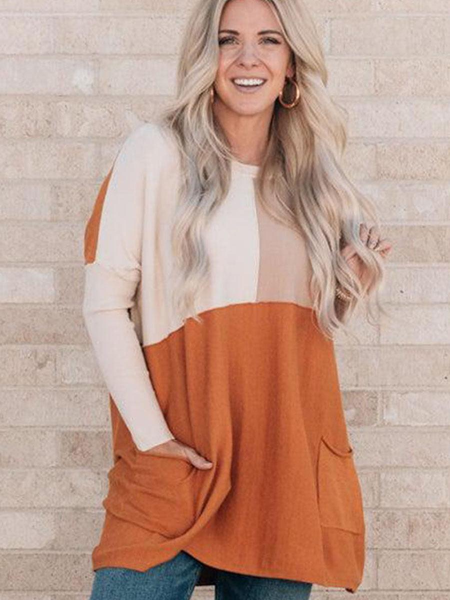 Women's Orange Pocket Color Matching Long-sleeved Top - Cruish Home