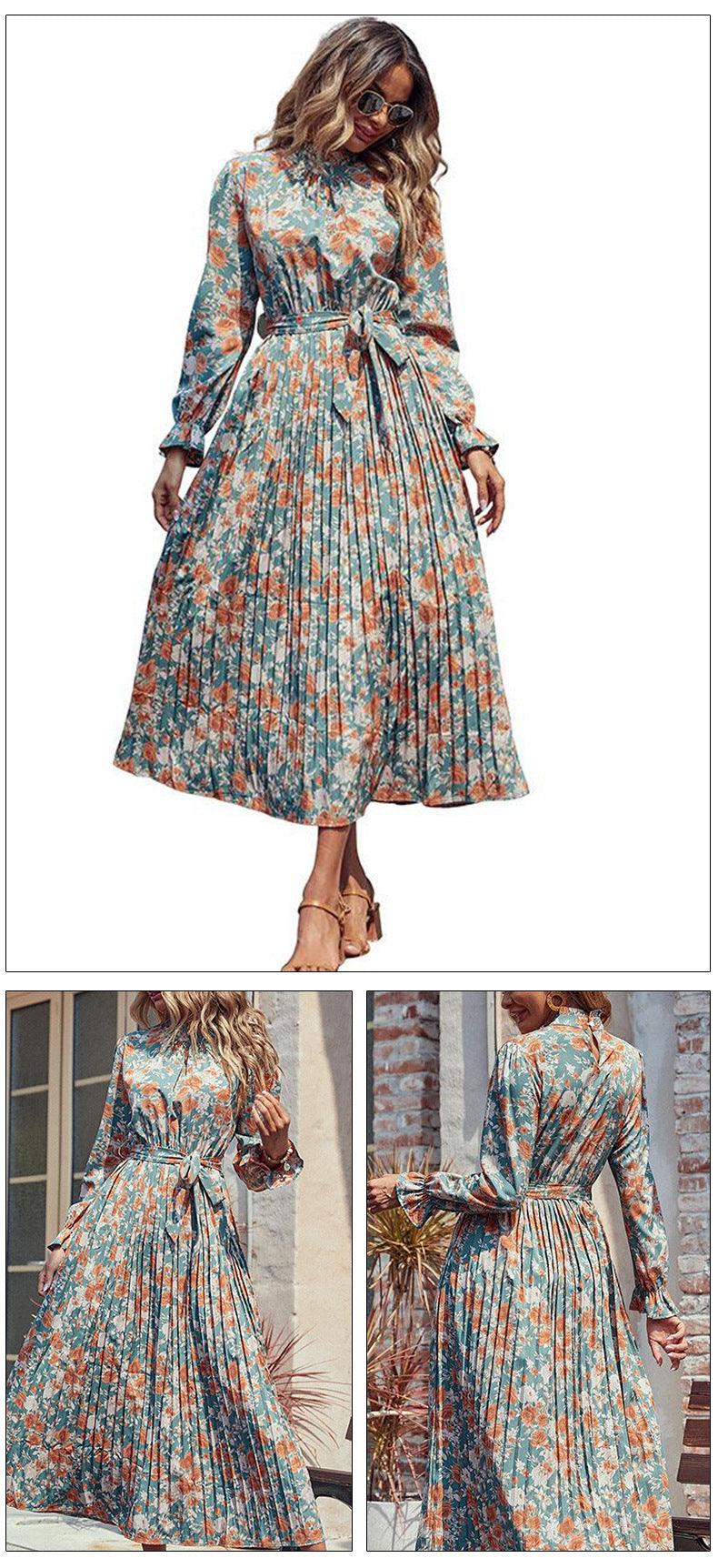 Summer Long-sleeve Retro Halterneck Skirt Sling Pleated Dress - Cruish Home