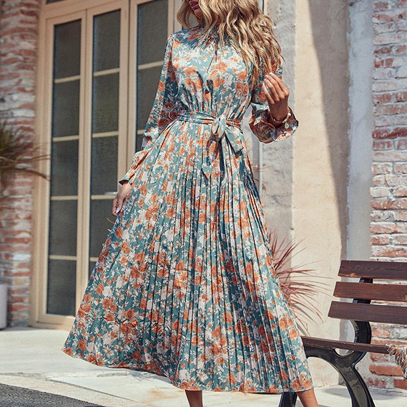 Summer Long-sleeve Retro Halterneck Skirt Sling Pleated Dress - Cruish Home