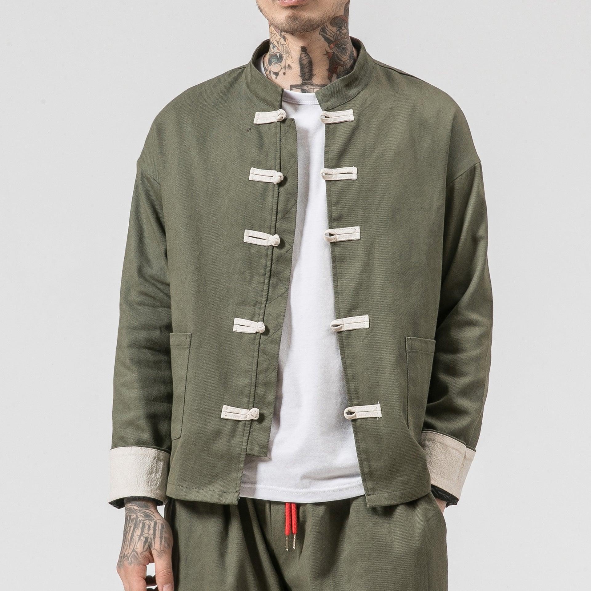 New disc buckle cotton and linen men's casual jacket Chinese style retro large size fashion linen Tang suit male - Cruish Home