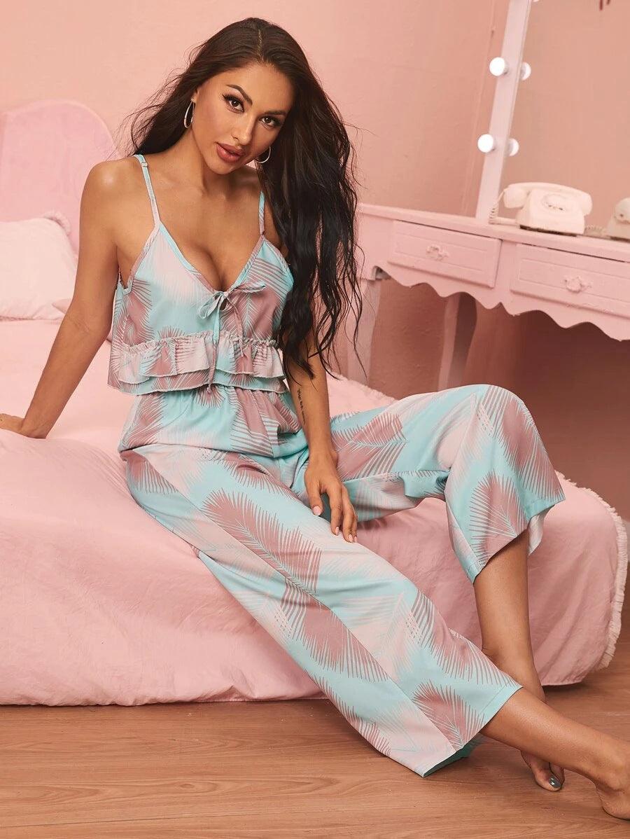 V-neck Sling Print Comfortable Pajama Set - Cruish Home