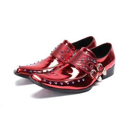 Korean Business Suit Leather Shoes Men's Pointed Patent Leather Embossed Wine Red - Cruish Home