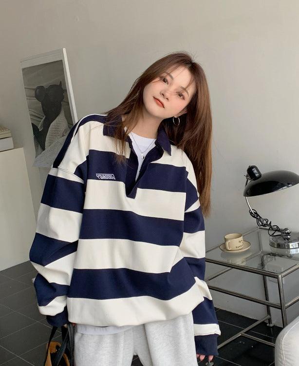 American Retro Polo Collar Striped Sweater Women's Thin - Cruish Home