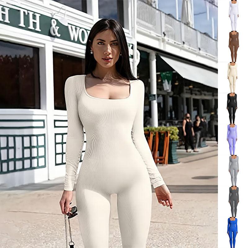 Women's Yoga Sports Fitness Jumpsuit Workout Long Sleeve Square Collar Clothing - Cruish Home