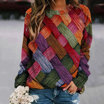 Printed Patchwork Round Neck Raglan Long Sleeve Women's Sweater - Cruish Home