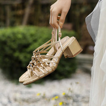 Roman Women's Sandals Gold Buckle Mid-high Heel Flat Shoes - Cruish Home