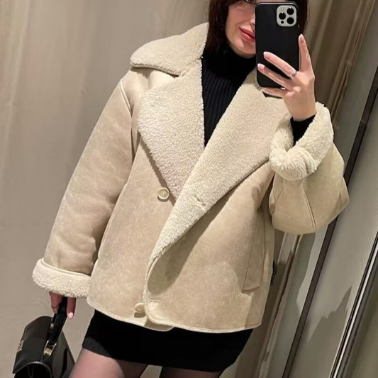 Polo Collar Fur Suede Fleece-lined Warm Coat For Women