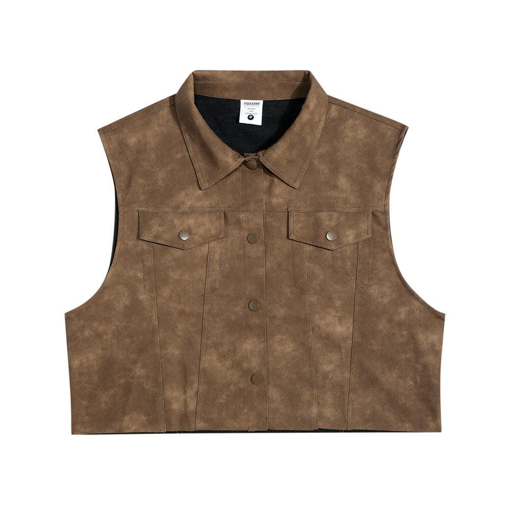 Retro Street Half-length PU Leather Vest Man Lapel Waistcoat Sleeveless Vest Short Coat - Cruish Home