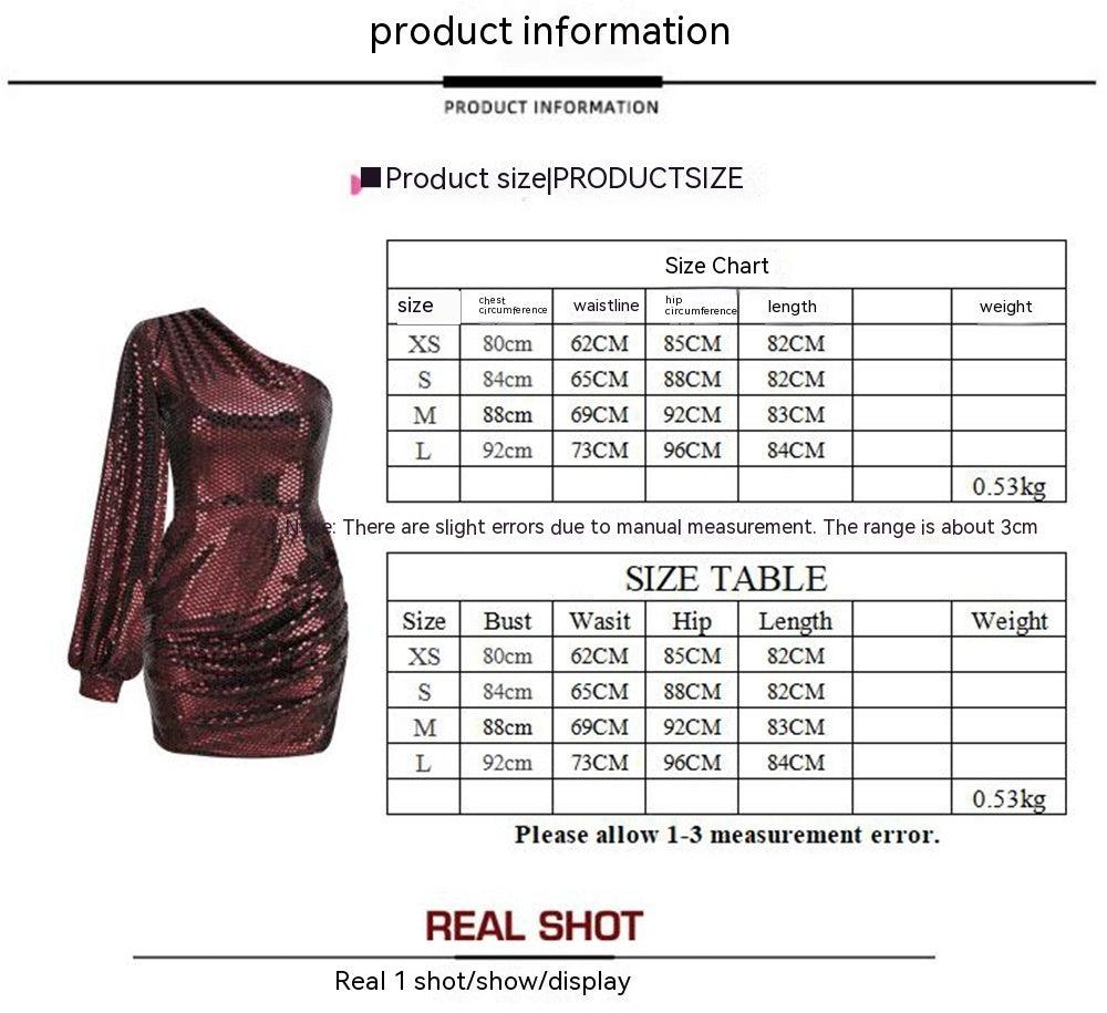 Women's Clothing Sexy One-shoulder Sequins Dress Slim-fit Flared Sleeves Sequin - Cruish Home