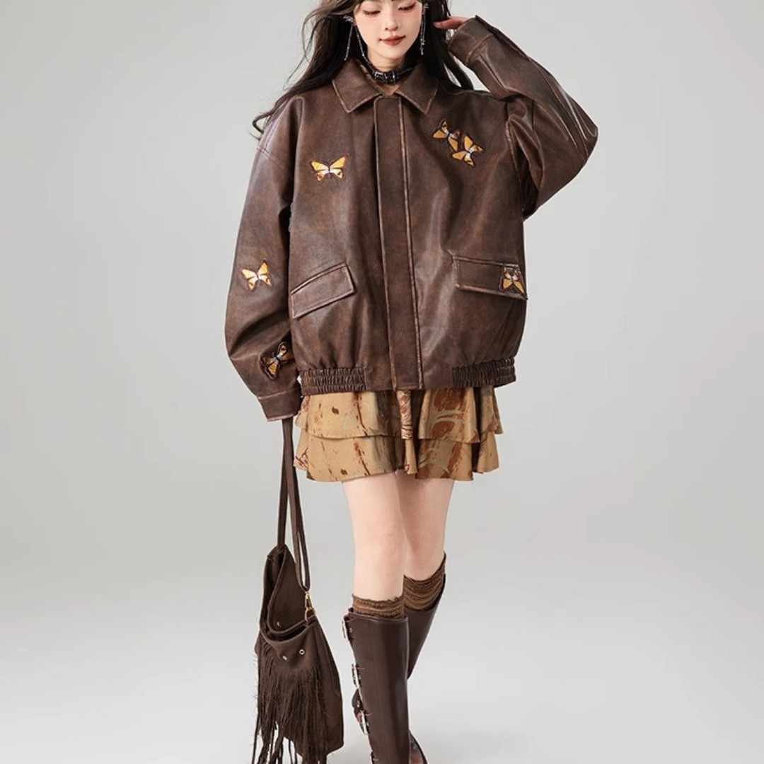 Butterfly Embroidery High-grade Brown Leather Coat