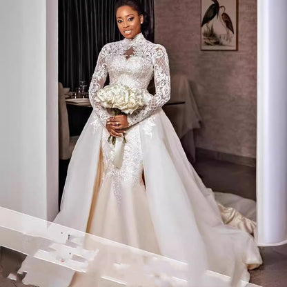 African Bridal Lace Long Sleeve Stand Collar Wedding Dress